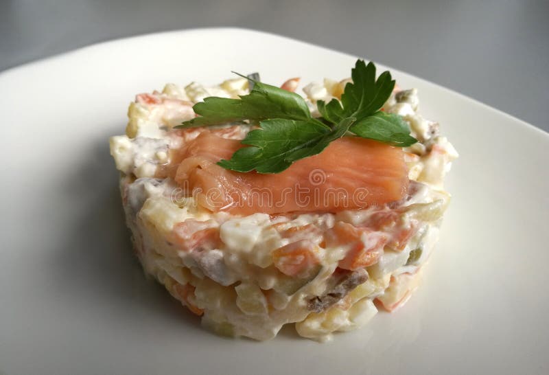 Salade végétale avec les poissons rouges dans un plat blanc image libre de droits Salade végétale avec les poissons rouges dans un plat blanc image libre de droits