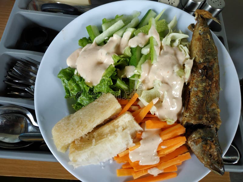 Salads with Cassava and Fish Fried with Mayo Sauce Stock Image Image