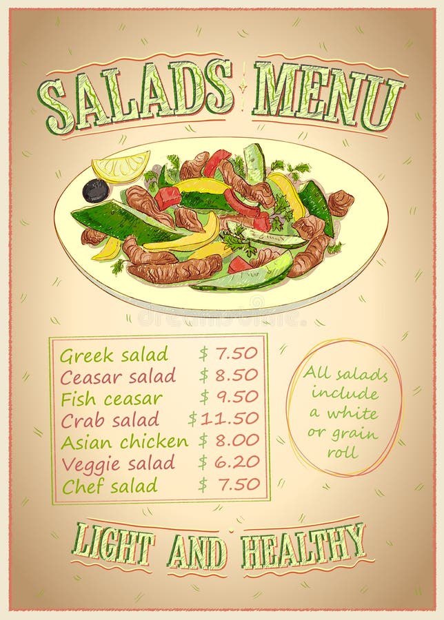 Salads menu list vector design stock illustration