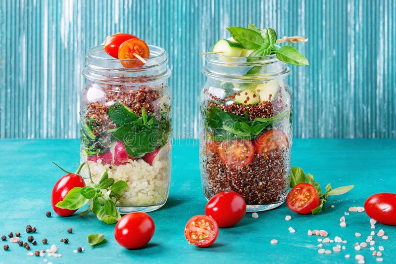 Salads with quinoa in jars