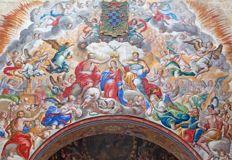 Salamanca - o fresco da coroação da Virgem Maria por Antonio de Villamor 1661-1729 no monastério Convento de San Esteban fotos de stock Salamanca - o fresco da coroação da Virgem Maria por Antonio de Villamor 1661-1729 no monastério Convento de San Esteban fotos de stock