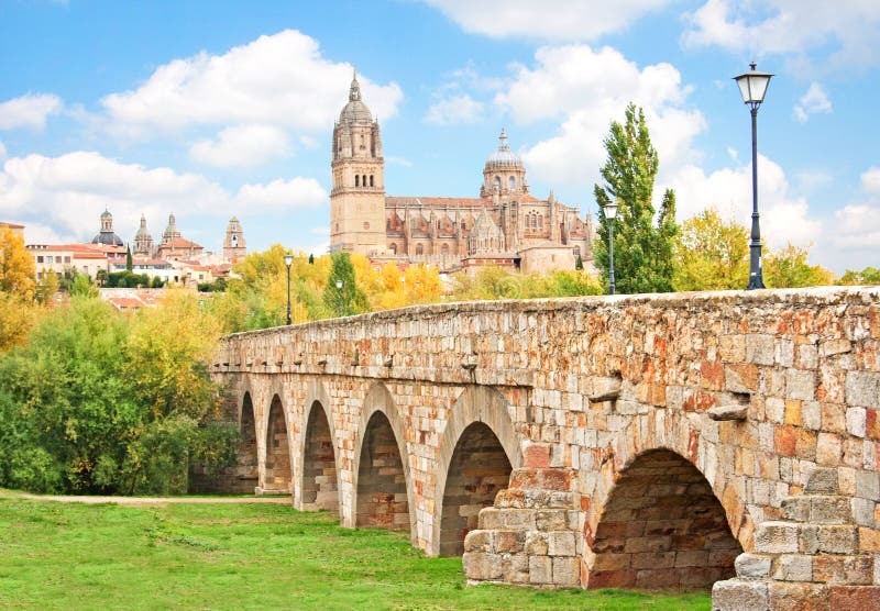 Salamanca skyline with New Cathedral and Roman bridge, Castilla y Leon region, Spain