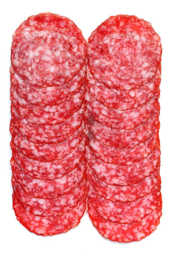 Salame Affettato Su Un Bianco Immagine Stock Immagine di spuntino