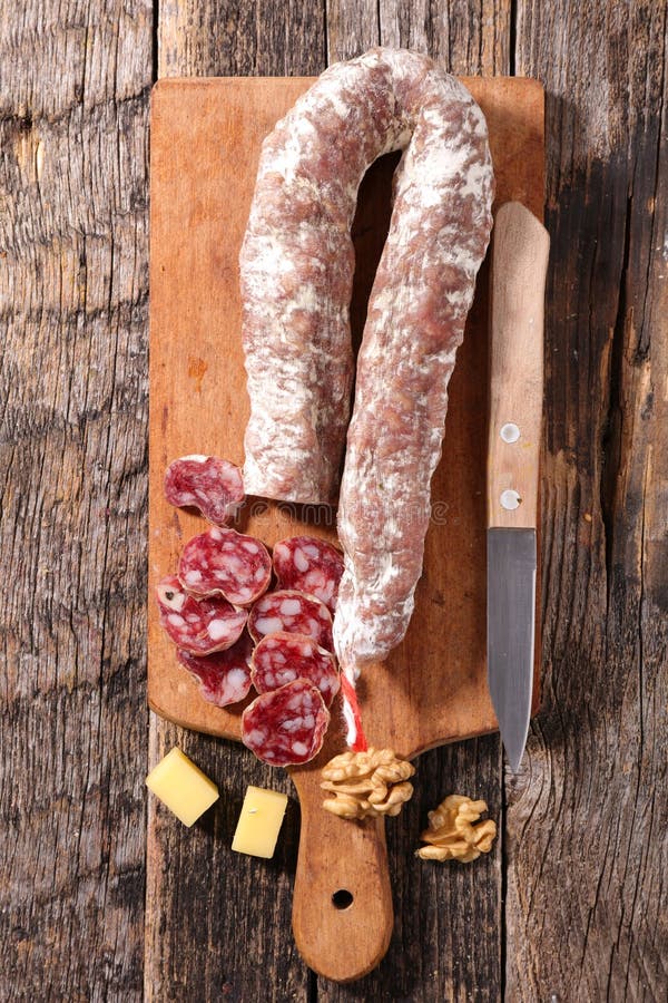 Salami on board stock image. Image of meat, slice, cheese 70895859