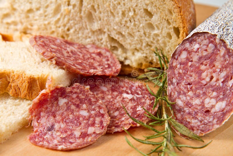Salami with bread stock photo. Image of bread, table 19917188