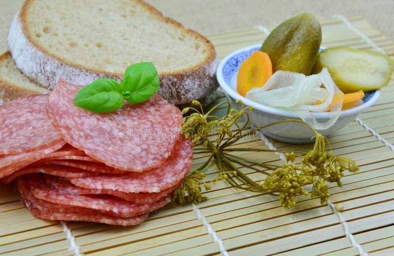 Salami bread stock photo. Image of blur, plate, ingredient 86018986