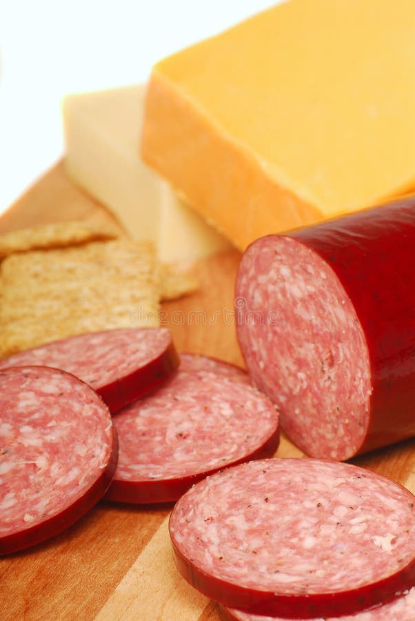 Salami with cheese and crackers