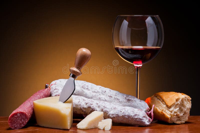 Salami, cheese and wine stock image. Image of wine, bread 25114453