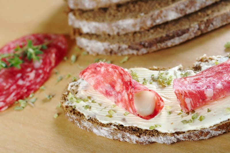 Salami and Cream Cheese on Brown Bread Stock Photo Image of edible