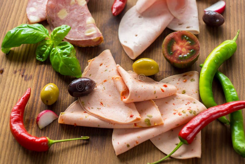 Salami and ham stock image. Image of french, olive, italy 54864745