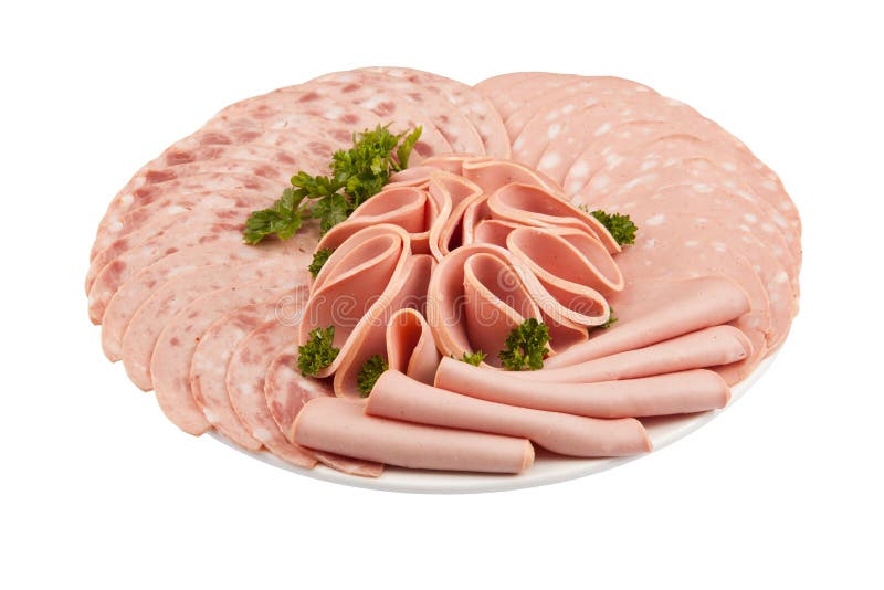 Salami Ham Meat and More on the Plate Isolated on the White Back Stock