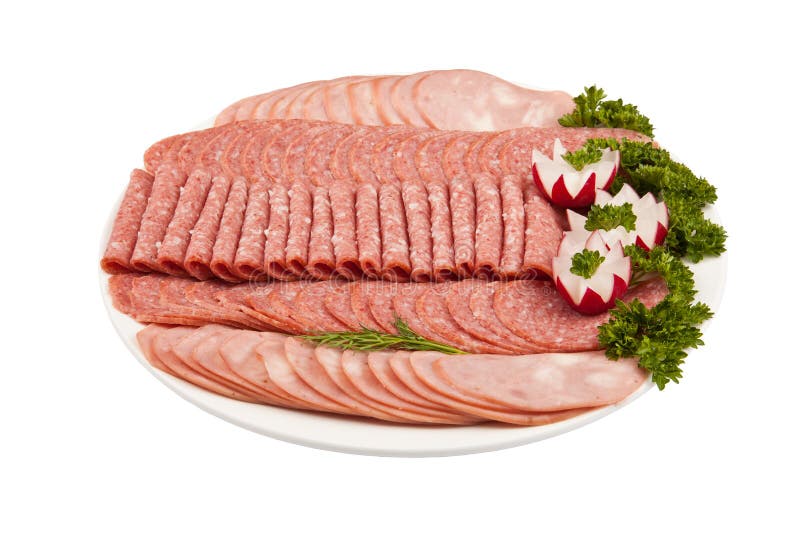 Salami Ham Meat and More on the Plate Isolated on the White Back Stock