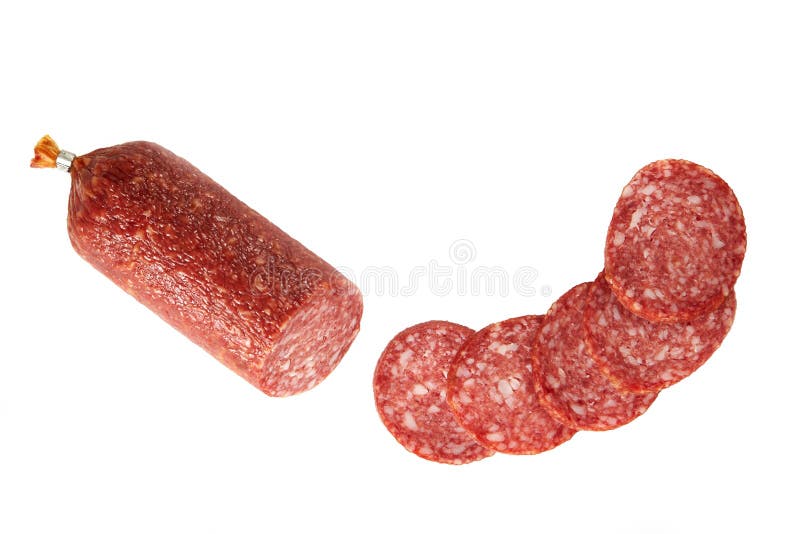 Plasterek salami kiełbasa obraz stock. Obraz złożonej z tło 25986717