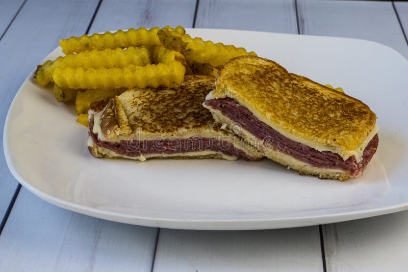 Salami Melt Sandwich with Fries Stock Photo Image of dinner, plate