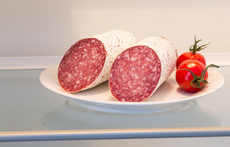 Salami in Open Refrigerator Concept Stock Photo Image of sausage, ingredients 105385968