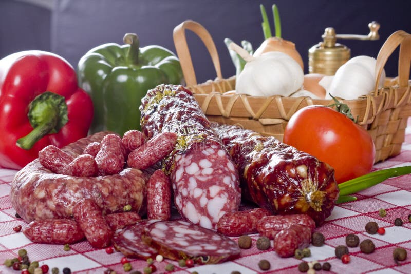 Salami sausage on a wooden plate