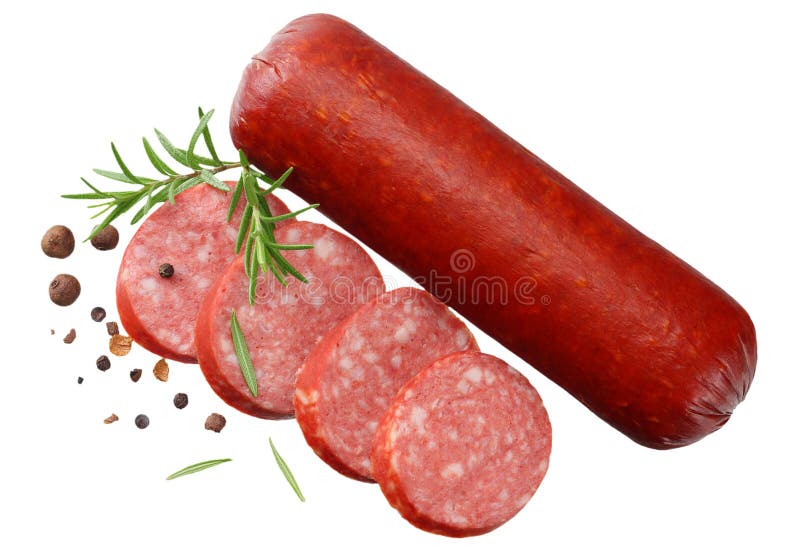 Salami smoked sausage with slices, rosemary and peppercorns isolated on white background. top view stock photo Salami smoked sausage with slices, rosemary and peppercorns isolated on white background. top view stock photo