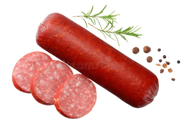 Salami smoked sausage with slices, rosemary and peppercorns isolated on white background. top view stock photos Salami smoked sausage with slices, rosemary and peppercorns isolated on white background. top view stock photos