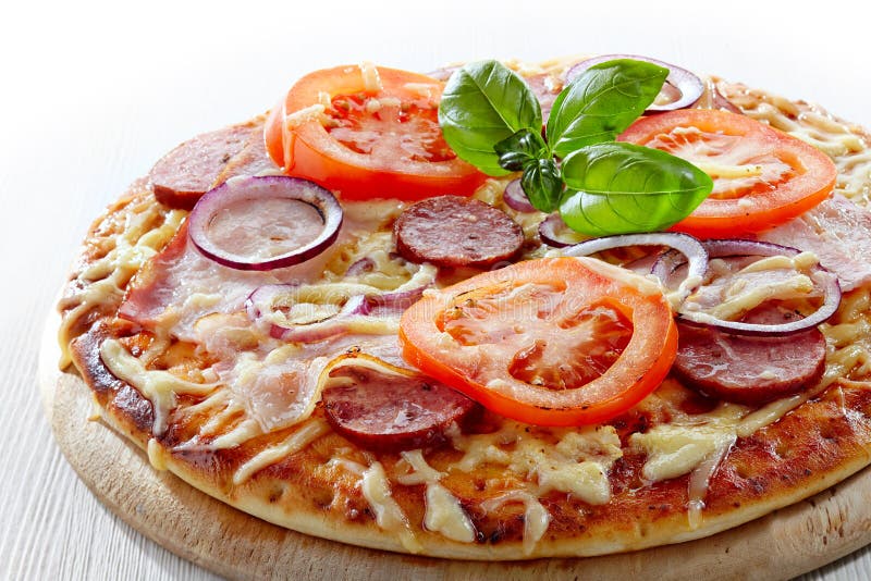 Salami and tomato pizza stock image. Image of bread, closeup 31253263