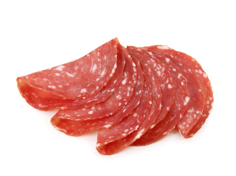 Salami Rökt Skiva För Korv En På Det Vita Bakgrundssnittet