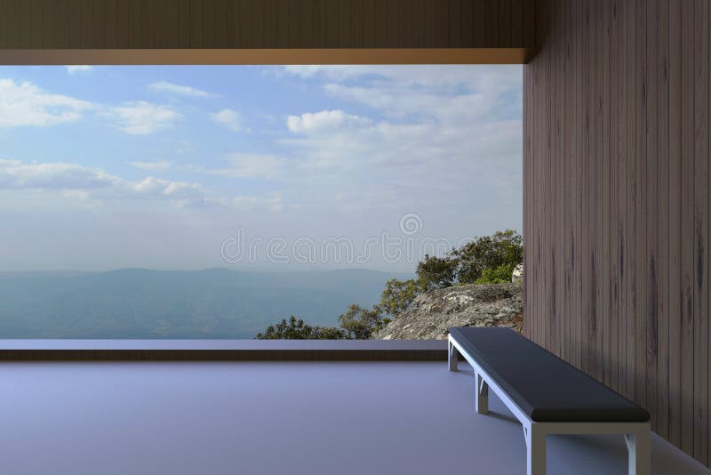 Simple modern rooms and wooden walls and a Chair in the corner window view, the high mountains and the clear blue sky / Living rooms Contemporary. Simple modern rooms and wooden walls and a Chair in the corner window view, the high mountains and the clear blue sky / Living rooms Contemporary