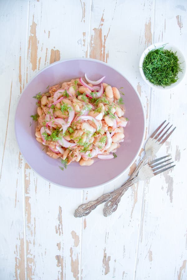 Salat der weißen Bohne, des Thunfischs und der Zwiebel auf einer purpurroten Platte lizenzfreie stockfotos Salat der weißen Bohne, des Thunfischs und der Zwiebel auf einer purpurroten Platte lizenzfreie stockfotos