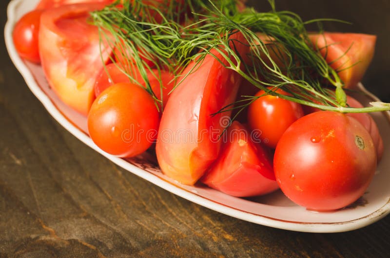 Salat von der reifen geschnittenen Tomate mit Fenchel auf einem Holztisch Selektiver Fokus Gesunde Nahrung lizenzfreie stockbilder Salat von der reifen geschnittenen Tomate mit Fenchel auf einem Holztisch Selektiver Fokus Gesunde Nahrung lizenzfreie stockbilder