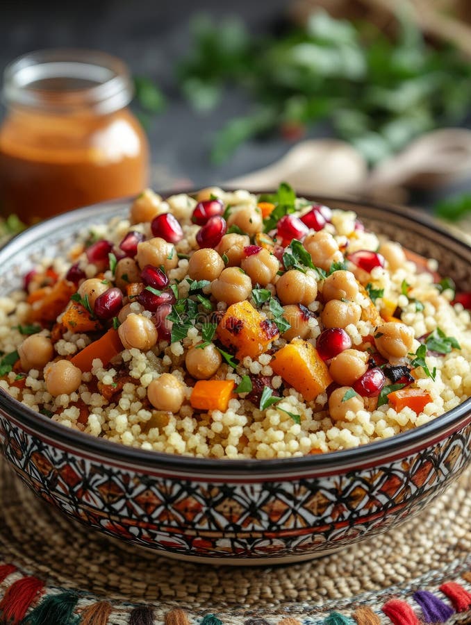 Salată cușcuș cu năut și rodie într-un bol. stock photo