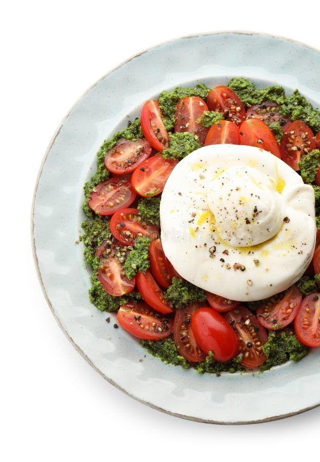 Salată de burrata delicioasă proaspătă izolată pe partea superioară albă stock photo