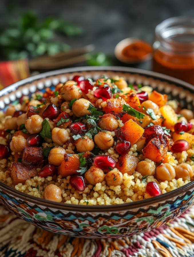 Salată de cușcuș cu năut și rodie. royalty free stock photos