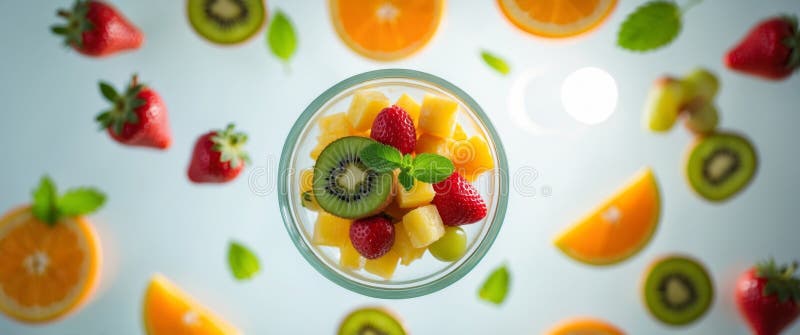 Salată de fructe strălucitoare și colorate cu căpșuni Kiwi Orange și ananas. royalty free stock image