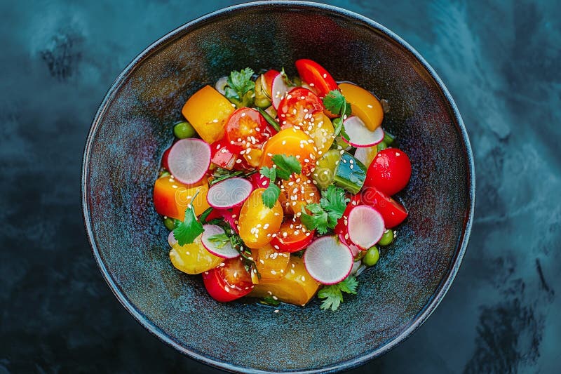 Salată proaspătă vibrantă Bowl cu roșii colorate, ridichi și ierburi proaspete vector illustration