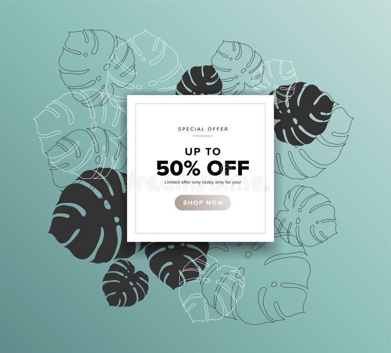 Sale banner background. Fresh green background with floral nature monstera palm leaves in line art drawing style royalty free illustration Sale banner background. Fresh green background with floral nature monstera palm leaves in line art drawing style royalty free illustration