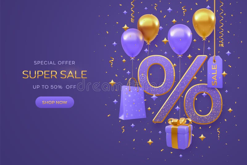 Sale banner design on purple background. Percentage symbol with shopping bag, price tag, gift box with golden bow, fly helium