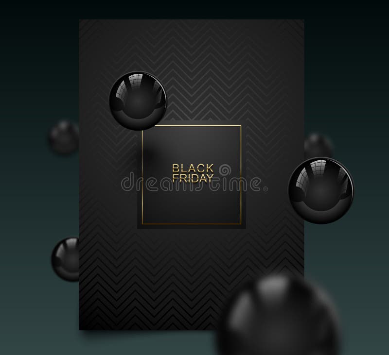 Black Friday luxury banner. Golden text on black square label frame. Dark geometric pattern background leaflet. Vector