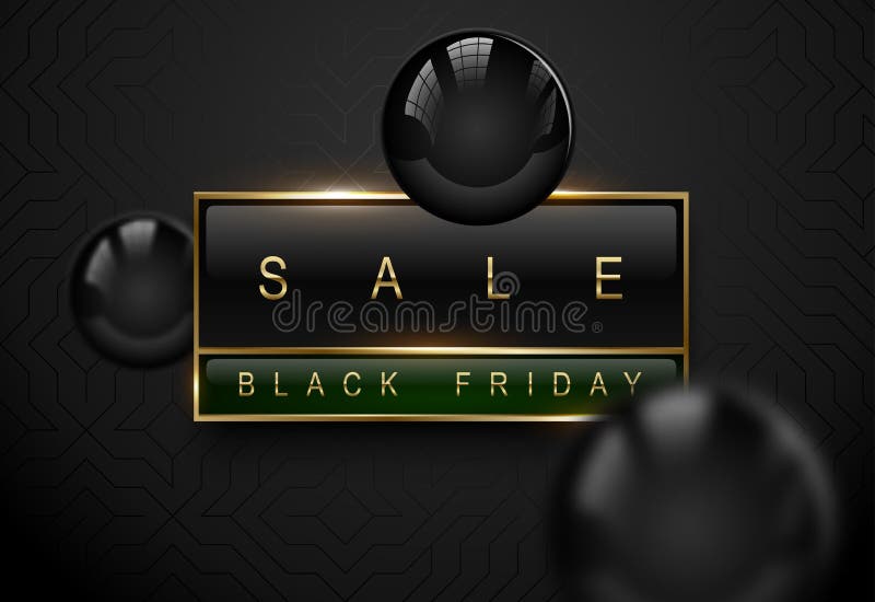 Sale Black Friday luxury banner. Golden text on black green rectangular label frame. Dark geometric pattern background. Vector