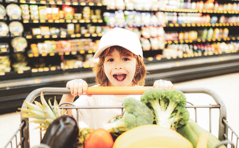 Sale, Consumerism and People Concept - Excited Kids with Food in ...