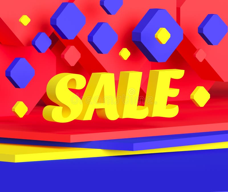 Sale - 3d advertising concept banner. Yellow text on red background. Discount promotion creative layout. Bright raster stock illustration