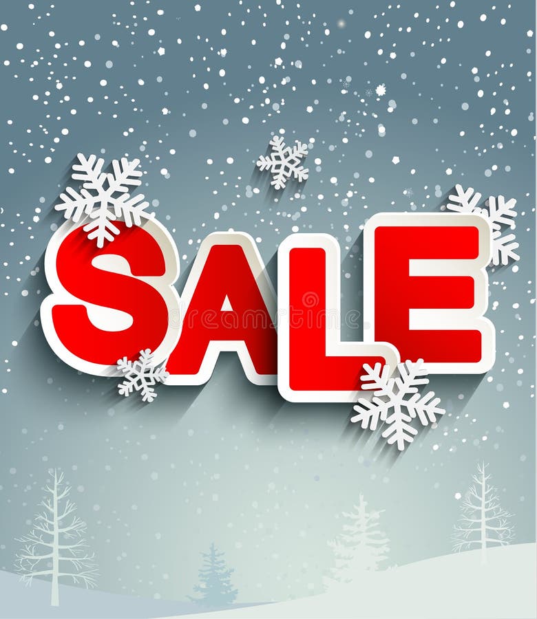 Sale inscription with snowflakes. Sale inscription with snowflakes in paper style against the background of the winter forest, vector vector illustration Sale inscription with snowflakes. Sale inscription with snowflakes in paper style against the background of the winter forest, vector vector illustration