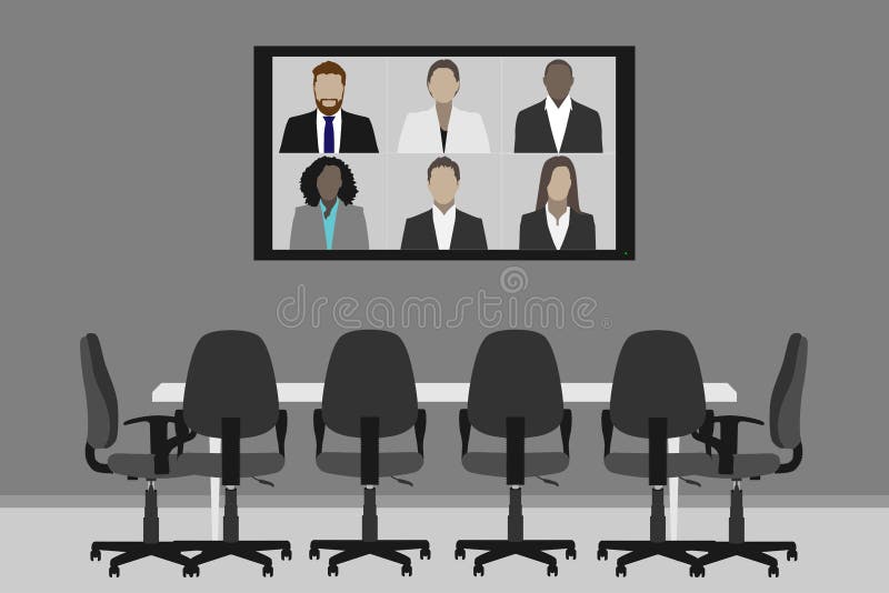 Sale riunioni vuote con videoconferenza sullo schermo TV illustrazione di stock Sale riunioni vuote con videoconferenza sullo schermo TV illustrazione di stock