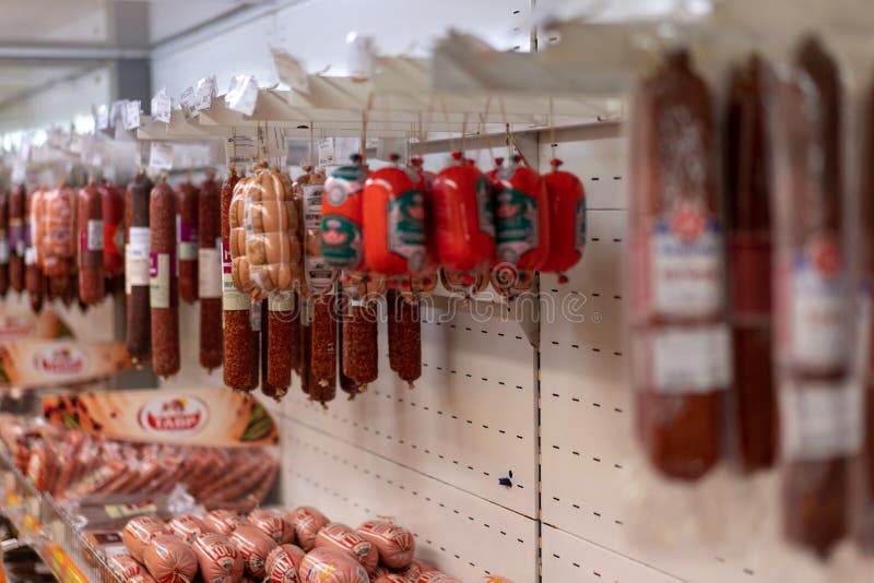 Sale of Sausages on a Store Counter Editorial Stock Image Image of