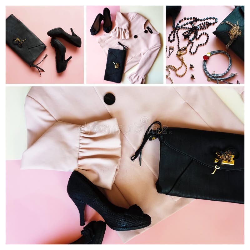 Black Shoes on High Heels and Black Leather Clutch Bag Fashion Pink Leather  Handbag and Summer Stylish Shoes Living Coral Jewelry Stock Photo - Image  of fashion, collage: 162378404