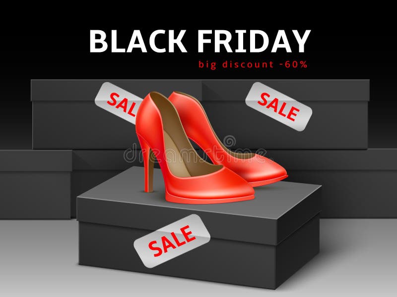 Sale Shoes Banner. Black Friday Discount Advertising Poster with Classic  Female Red Footwear High Heels, Realistic Box Stock Vector - Illustration  of realistic, celebration: 254320175