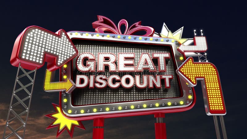 Sale sign &#x27;GREAT DISCOUNT&#x27; in led light billboard promotion