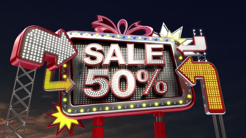 Sale sign &#x27;SALE 50%&#x27; in led light billboard promotion.