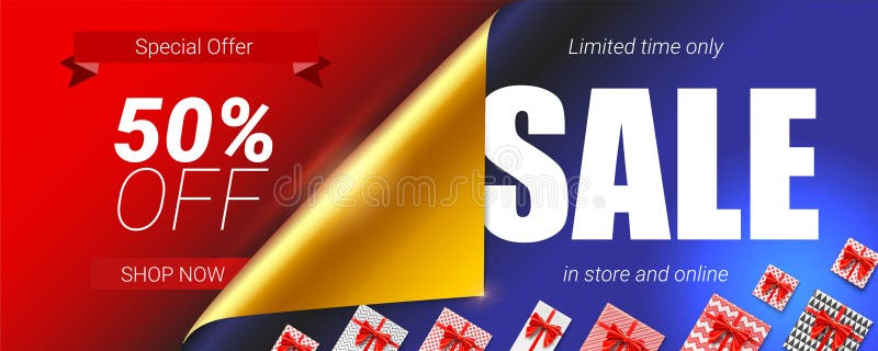 Sale in store and online, special offer. Up to 50 percent discount. Banner with design of text, curled corner with open