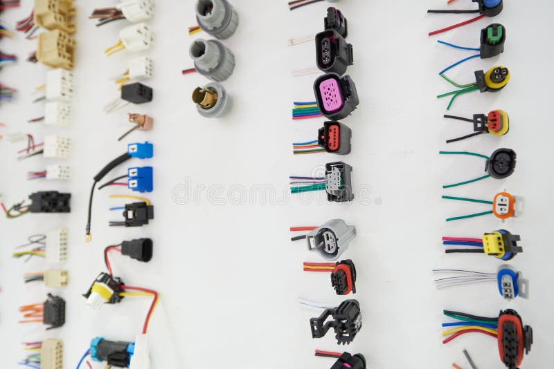 Sale of various electrical connectors for car wiring stock images