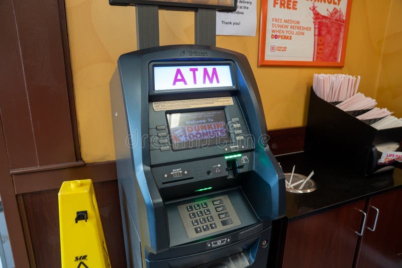 Salem, MA USA June 12, 2022 ATM Machine Inside of Dunkin Editorial