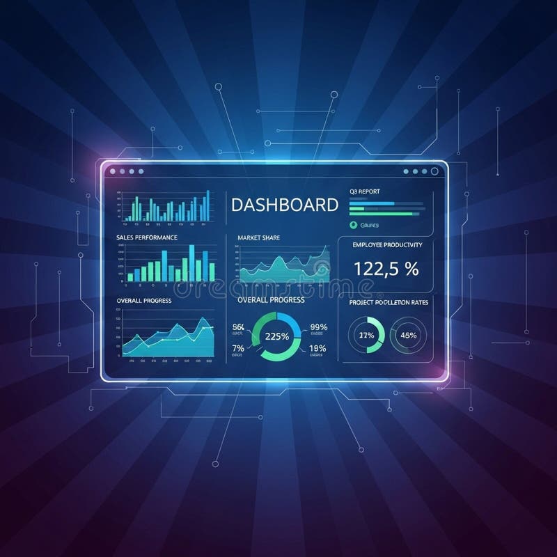 For sales performance line graphs for market share and circular progress vector illustration