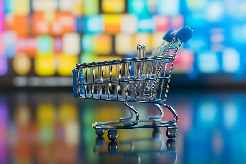 Sales volume increase with virtual shopping cart and ecommerce graph royalty free illustration